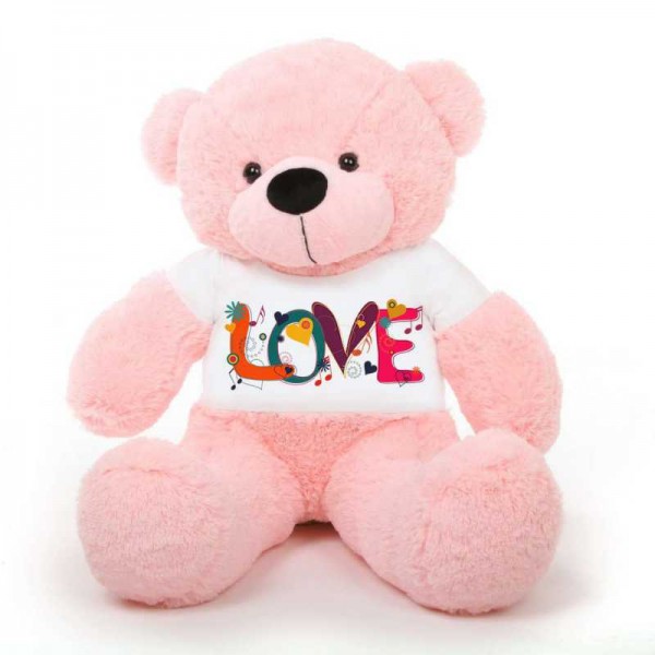 Pink 5 feet Big Teddy Bear wearing a Beautiful Love Design T-shirt